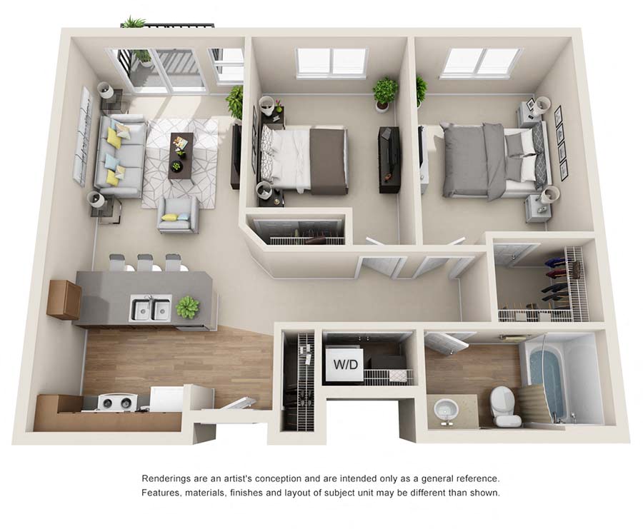 Floor plan for 2 beds, 1 bath, 816 sqft